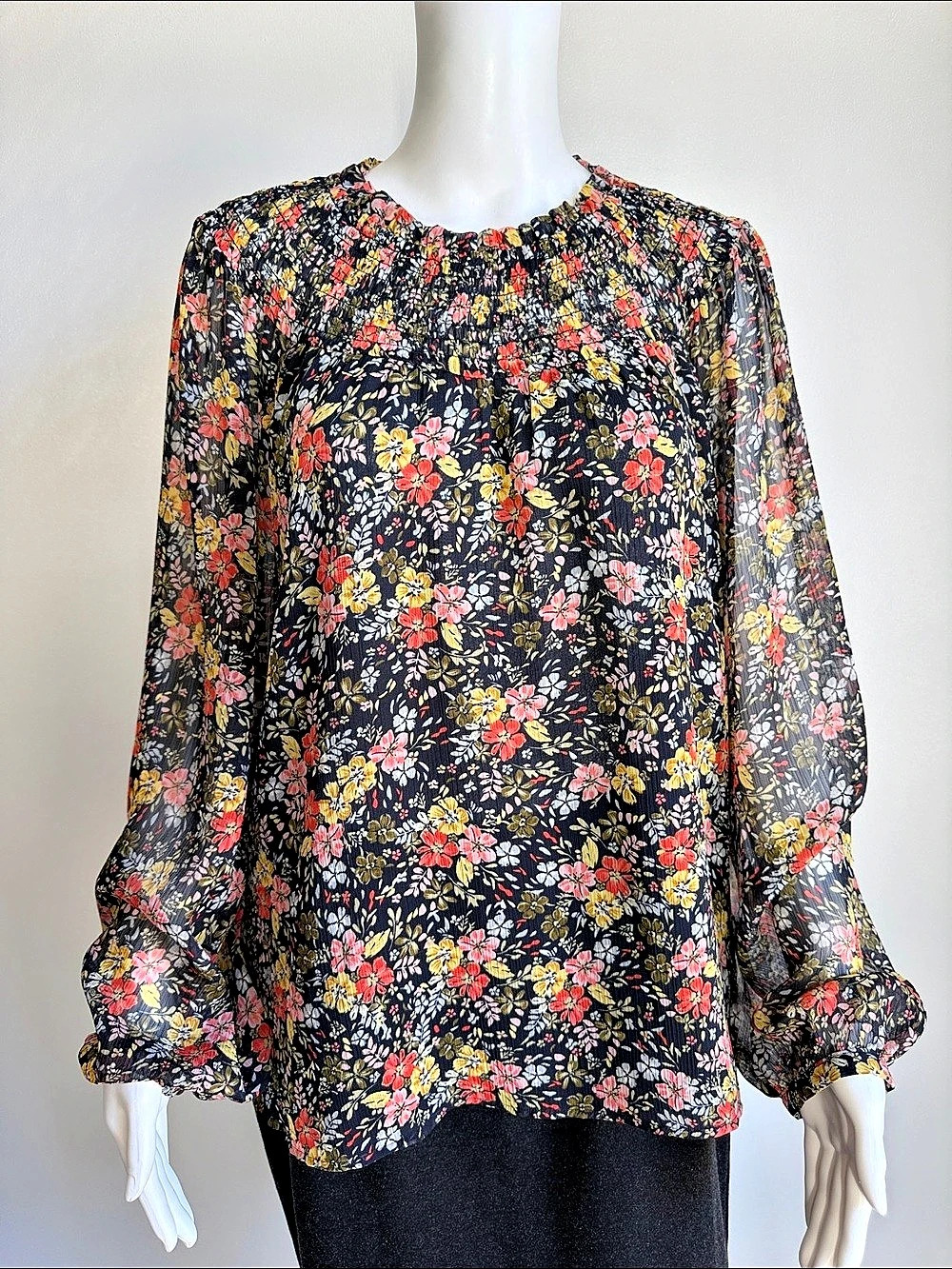 LOFT Floral Smocked Sheer Sleeve Blouse Black Multi Size Large